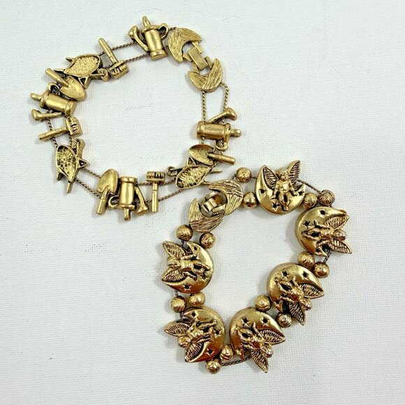 Vintage TOFA Gold Tone Charm Bracelets Lot Angels Moon Garden Tools Signed 1990s - Picture 1 of 11